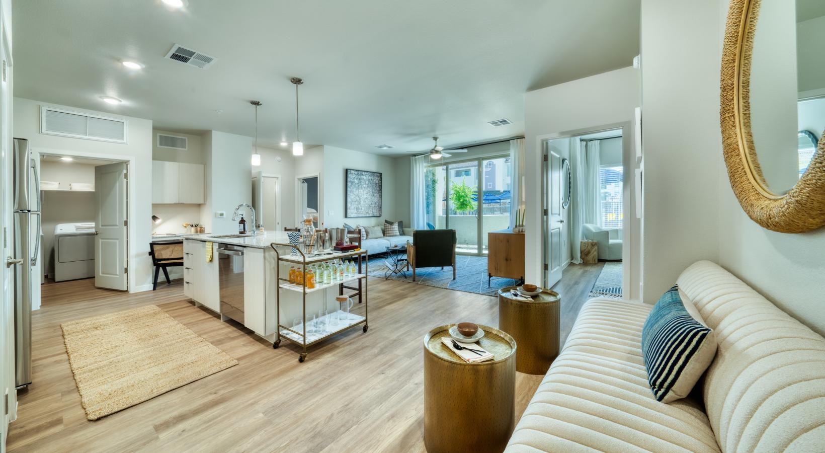 Relax and unwind in stylish living spaces a living room with a large mirror